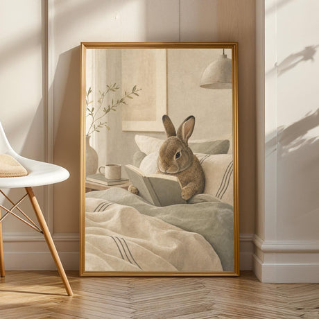 Product view of Mini Rex Rabbit Reading in Bed Poster.
