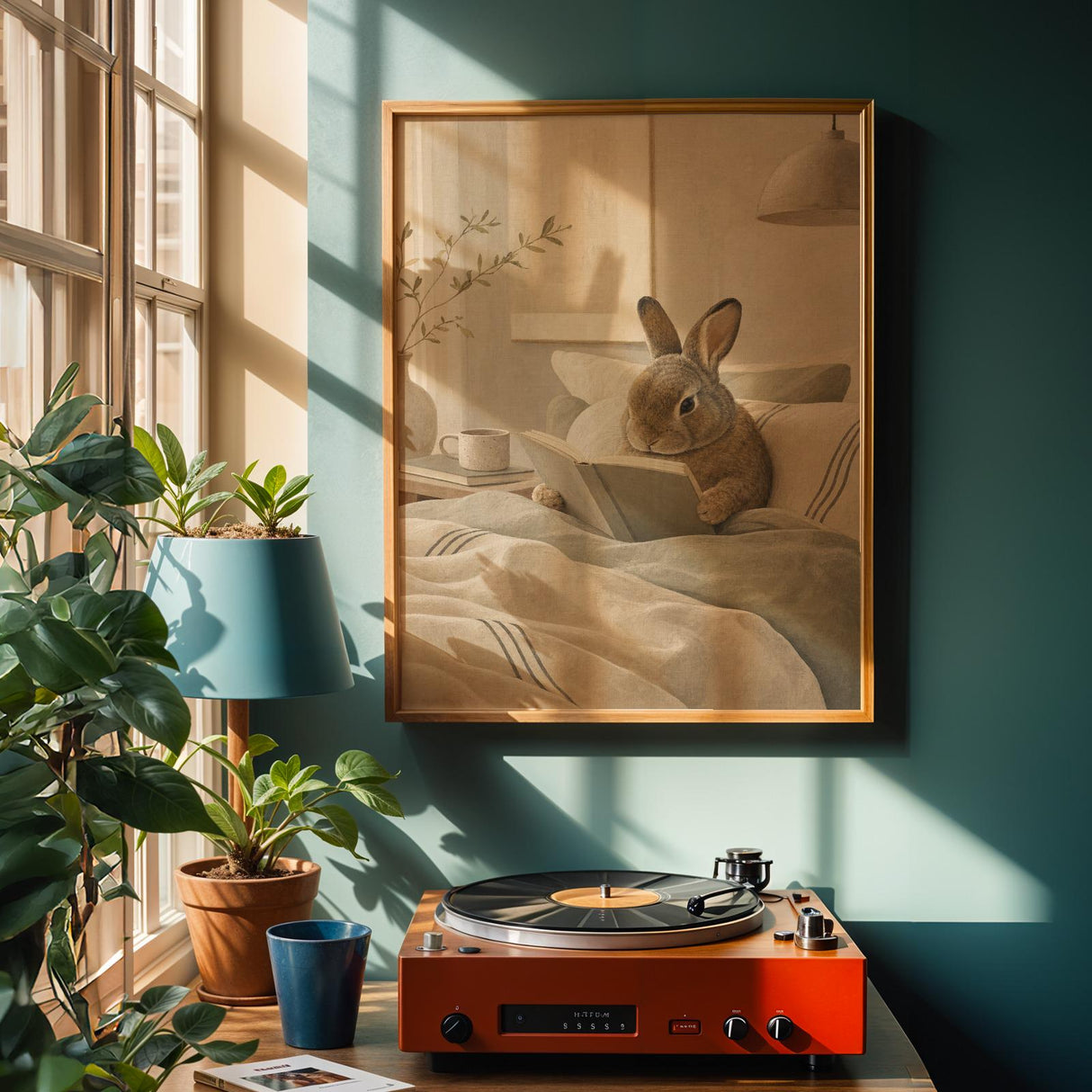 Alternate product view of Mini Rex Rabbit Reading in Bed Poster.