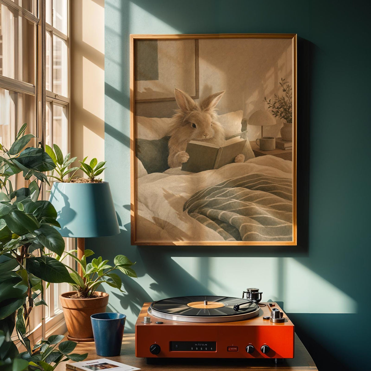 Alternate product view of Lionhead Rabbit Reading in Bed Poster.