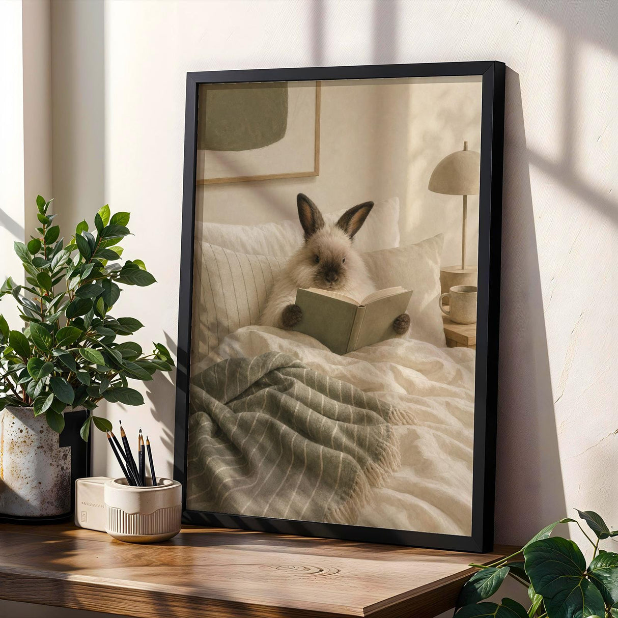 Product gallery view of Himalayan Rabbit Reading in Bed Poster.