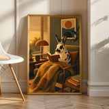 Harlequin rabbit reading in an armchair poster with a retro modern design.