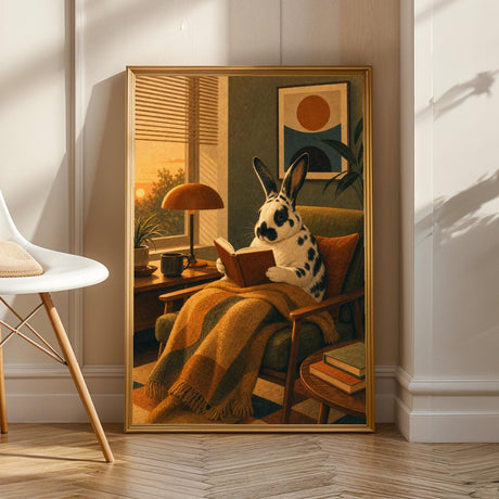 Harlequin rabbit reading in an armchair poster with a retro modern design.