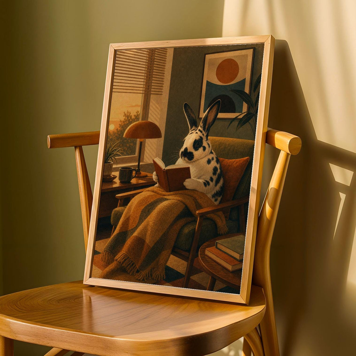 Alternate gallery view of Harlequin Rabbit Reading in Armchair Poster.