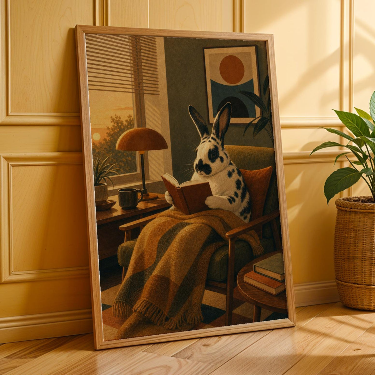 Alternate product presentation of Harlequin Rabbit Reading in Armchair Poster.
