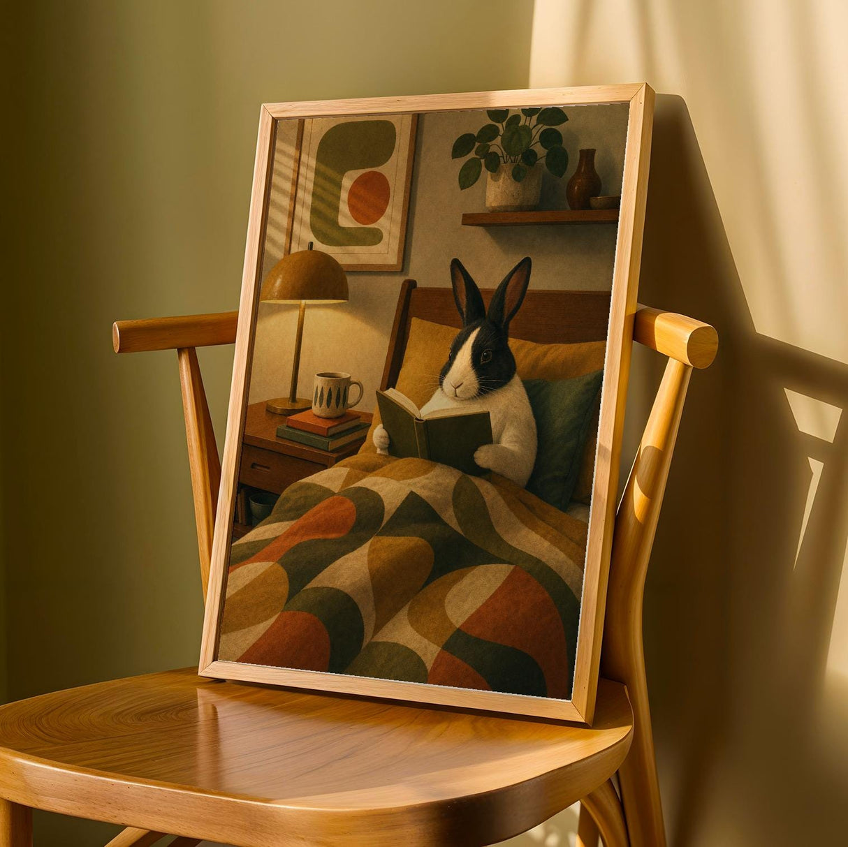 Product detail view of Dutch Rabbit Reading in Armchair Poster.