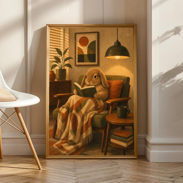 Product view of Mini Lop Rabbit Reading in Armchair Poster.