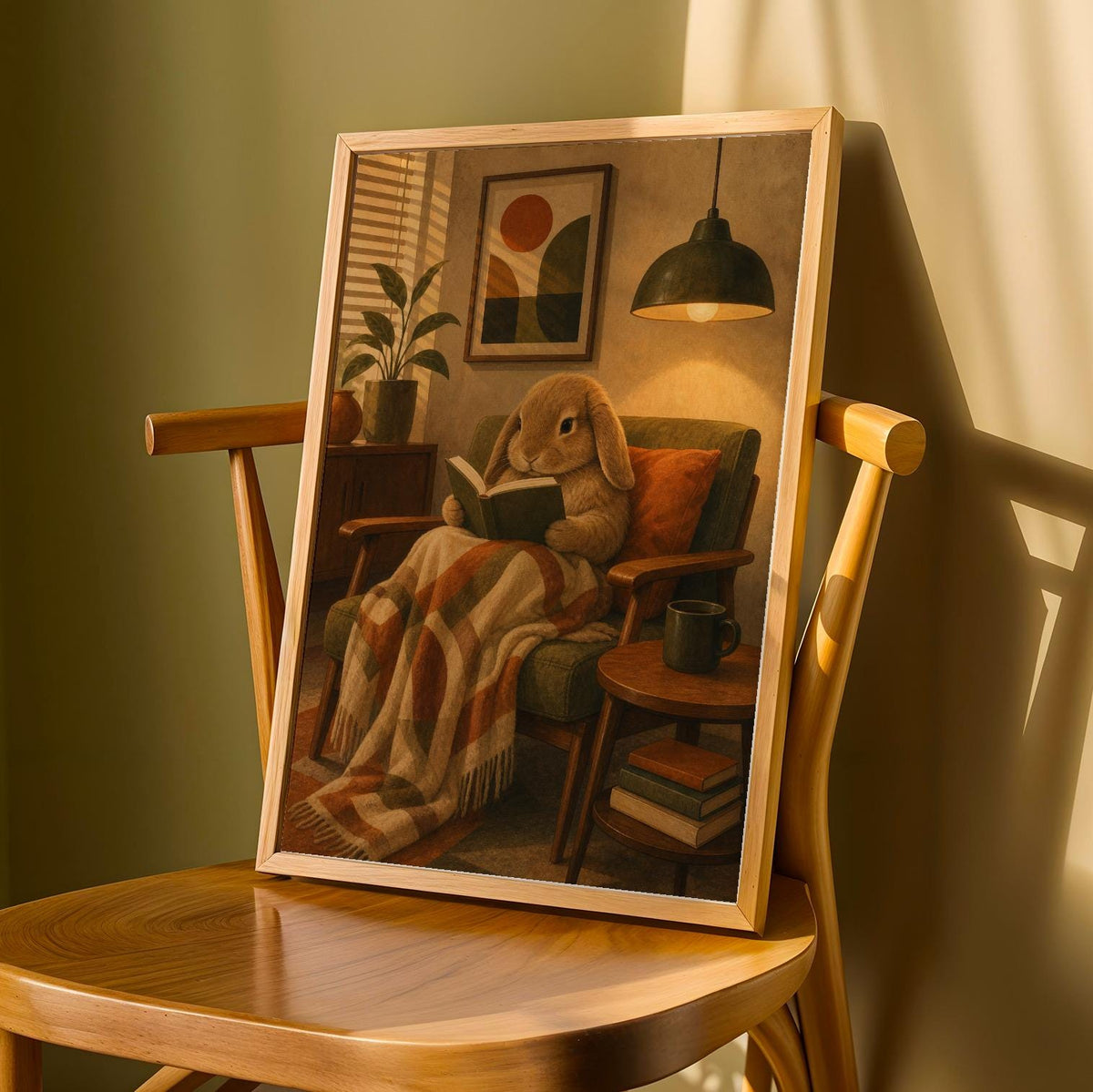 Product detail view of Mini Lop Rabbit Reading in Armchair Poster.