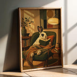 Product presentation view of English Spot Rabbit Reading in Armchair Poster.