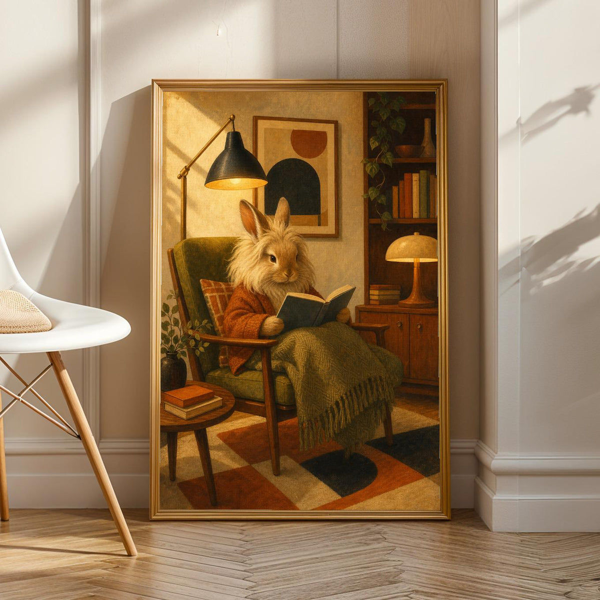 Product view of Lionhead Rabbit Reading in Armchair Poster.
