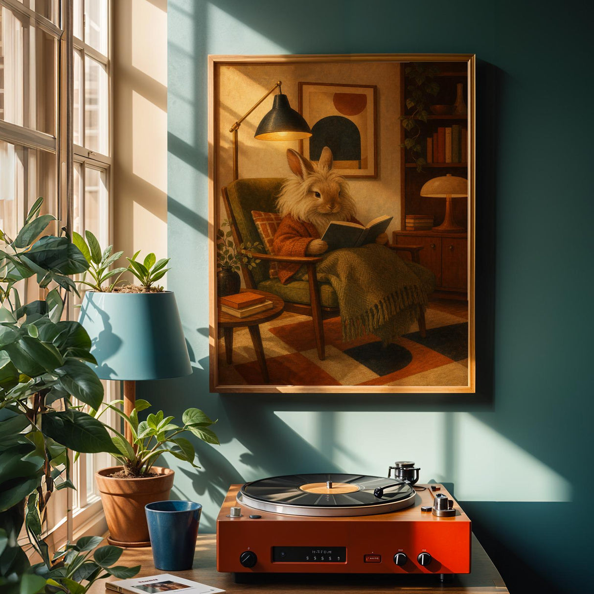 Alternate product view of Lionhead Rabbit Reading in Armchair Poster.