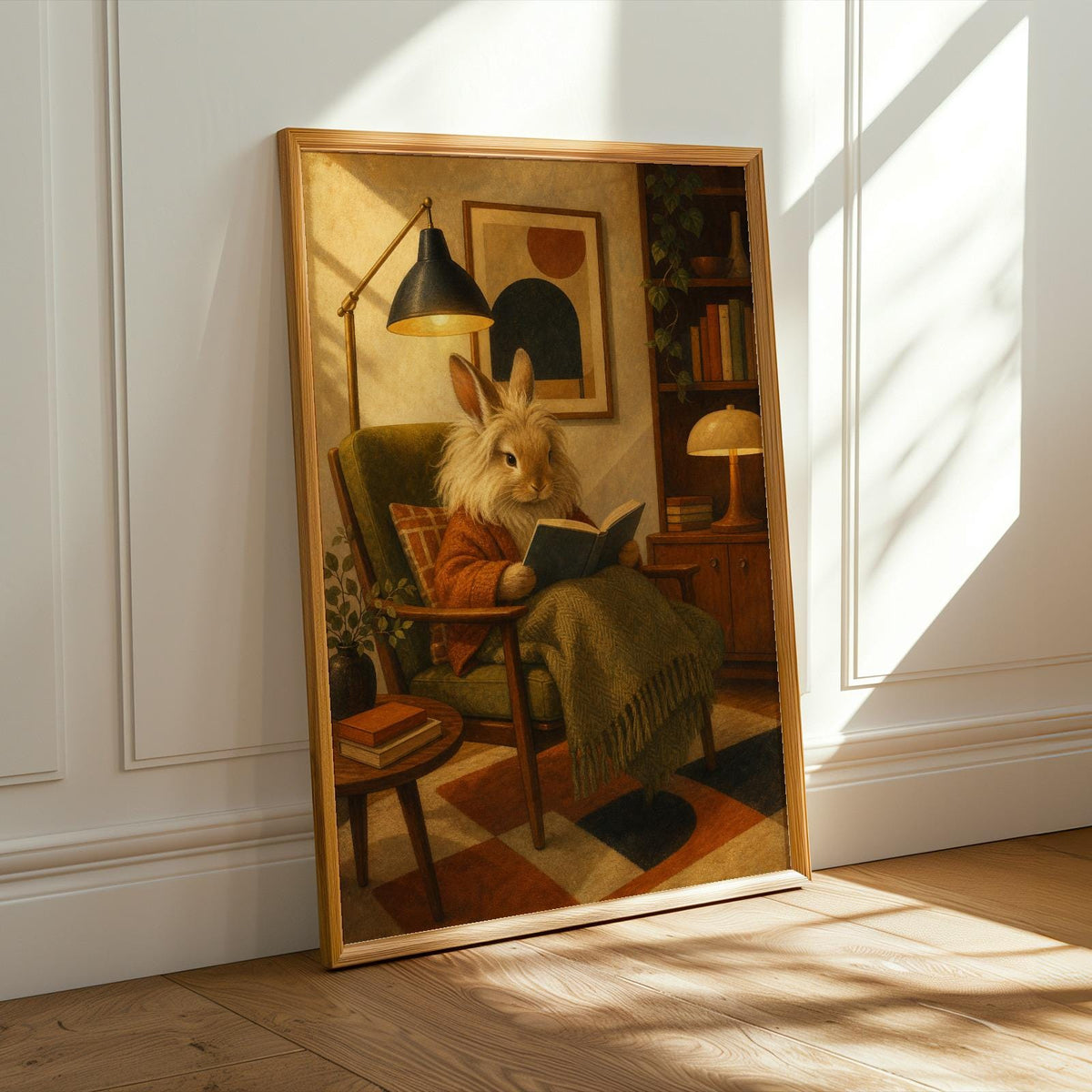 Alternate product presentation of Lionhead Rabbit Reading in Armchair Poster.