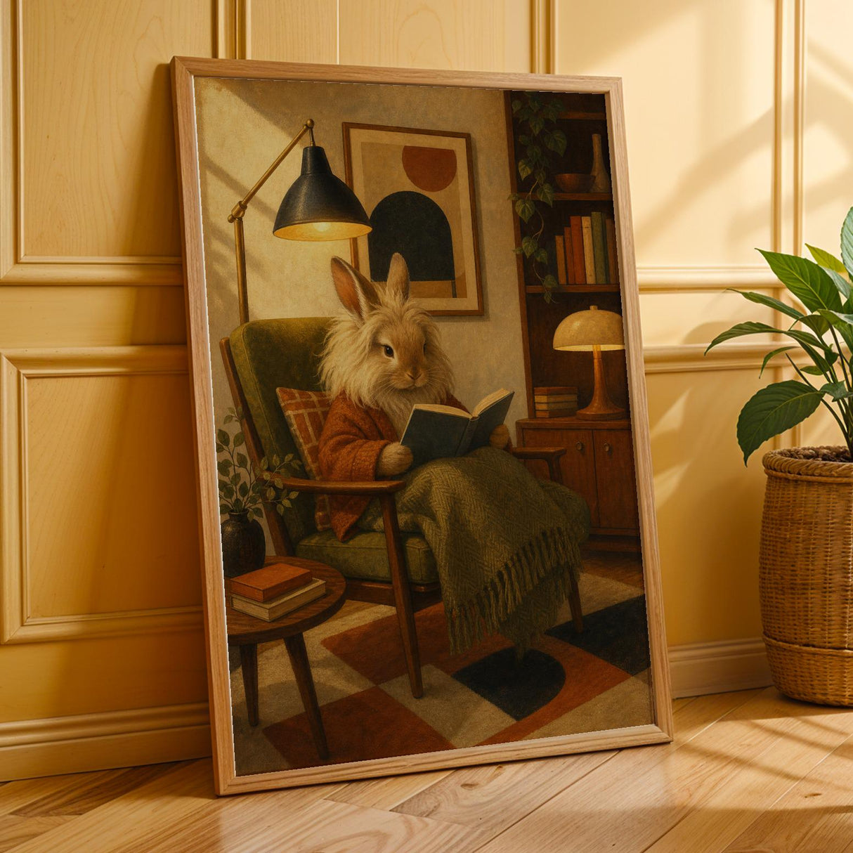 Additional product presentation of Lionhead Rabbit Reading in Armchair Poster.