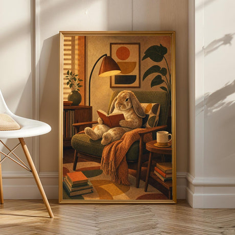 Product view of French Lop Rabbit Reading in Armchair Poster.