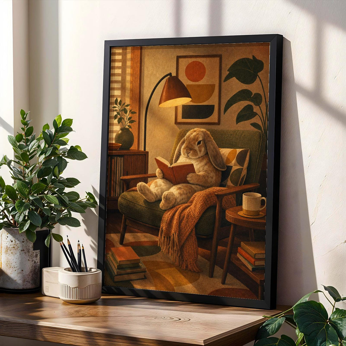 Product gallery view of French Lop Rabbit Reading in Armchair Poster.