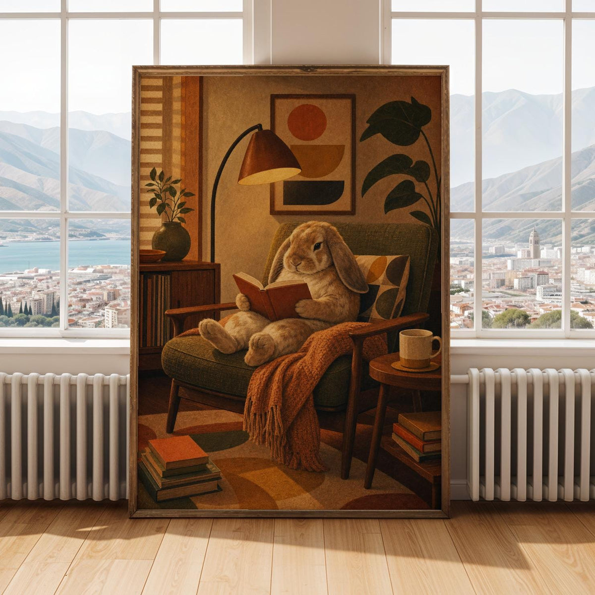 Alternate gallery view of French Lop Rabbit Reading in Armchair Poster.