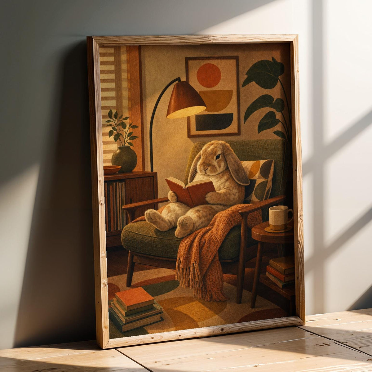 Product presentation view of French Lop Rabbit Reading in Armchair Poster.