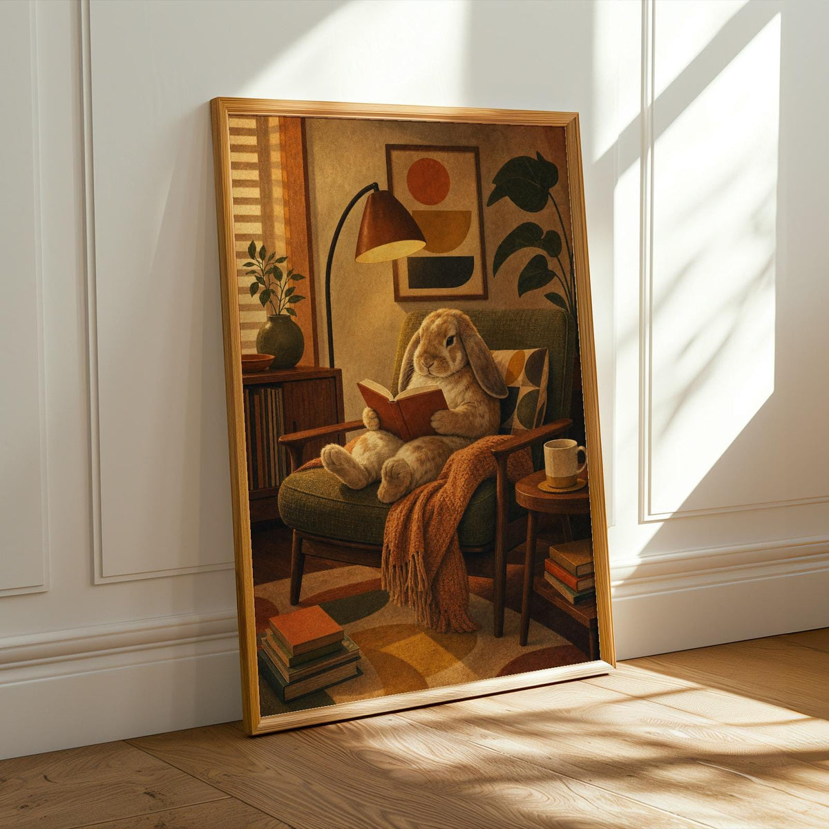 Alternate product presentation of French Lop Rabbit Reading in Armchair Poster.