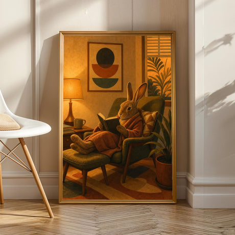 Product view of Havana Rabbit Reading in Armchair Poster.