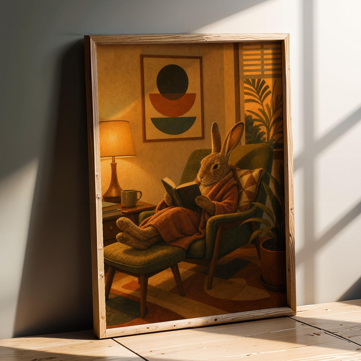 Product presentation view of Havana Rabbit Reading in Armchair Poster.