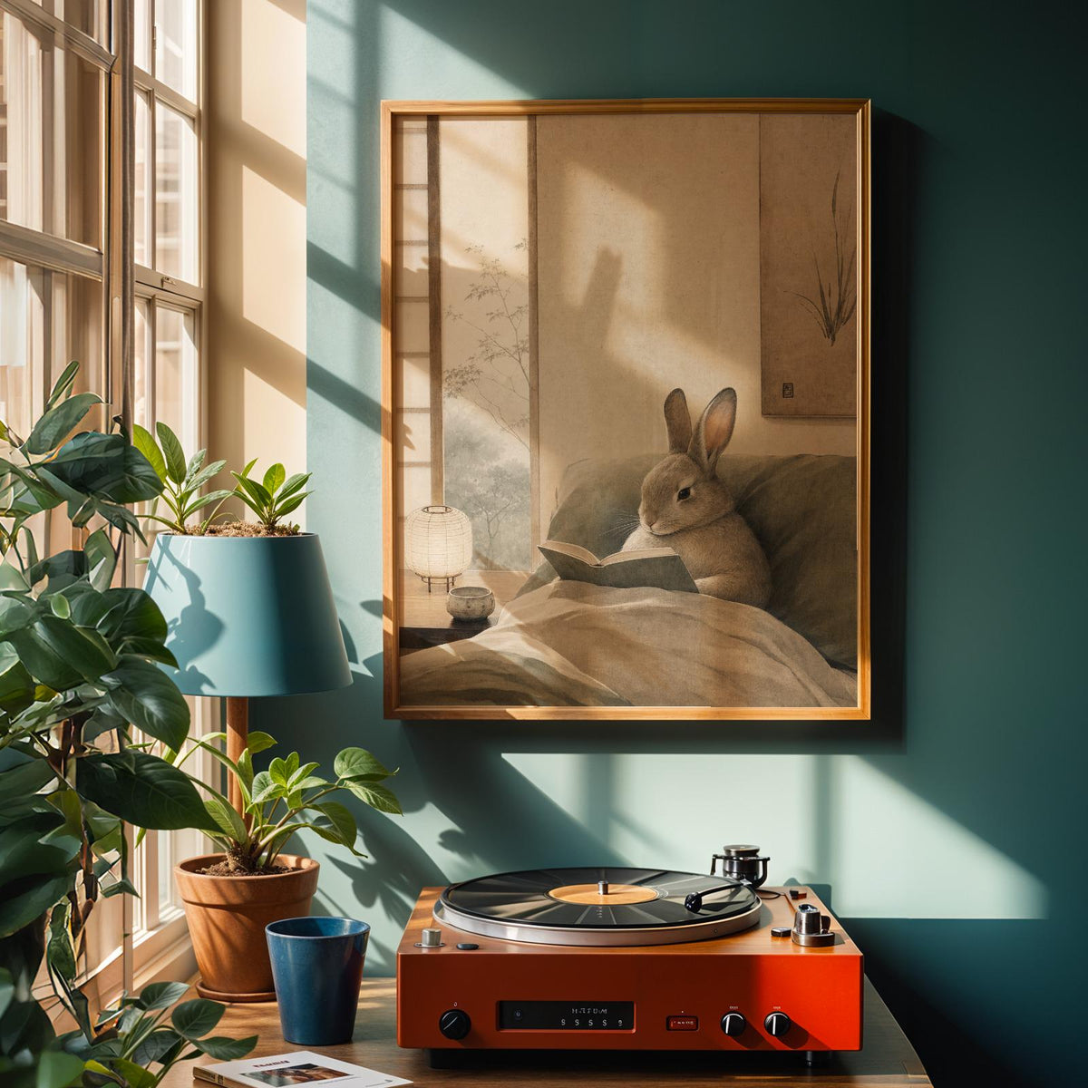 Alternate product view of Californian Rabbit Reading in Bed Poster.
