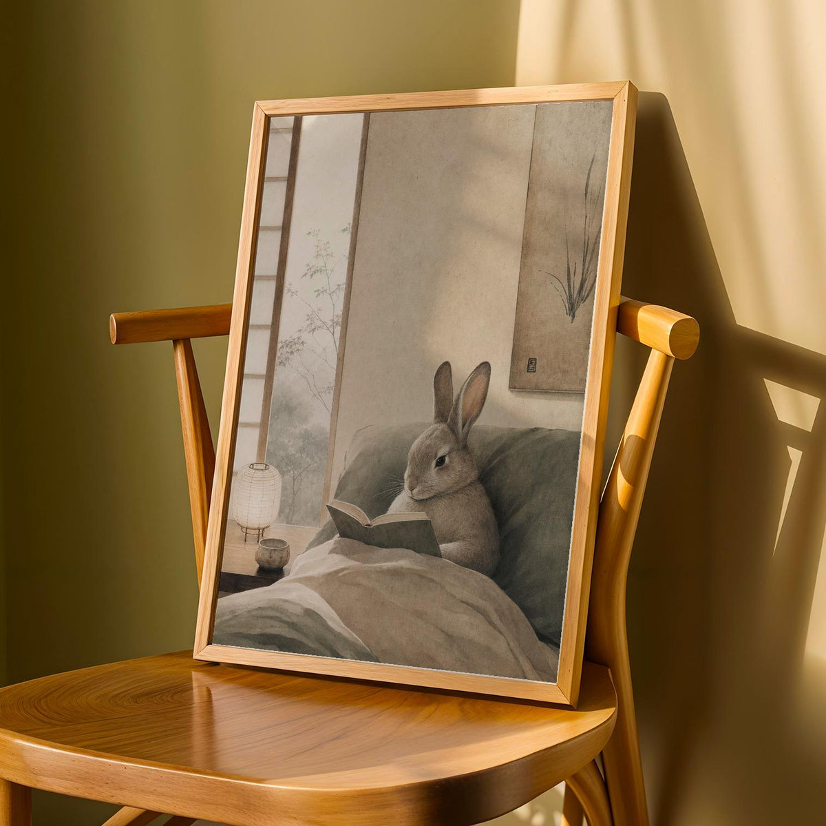 Product detail view of Californian Rabbit Reading in Bed Poster.