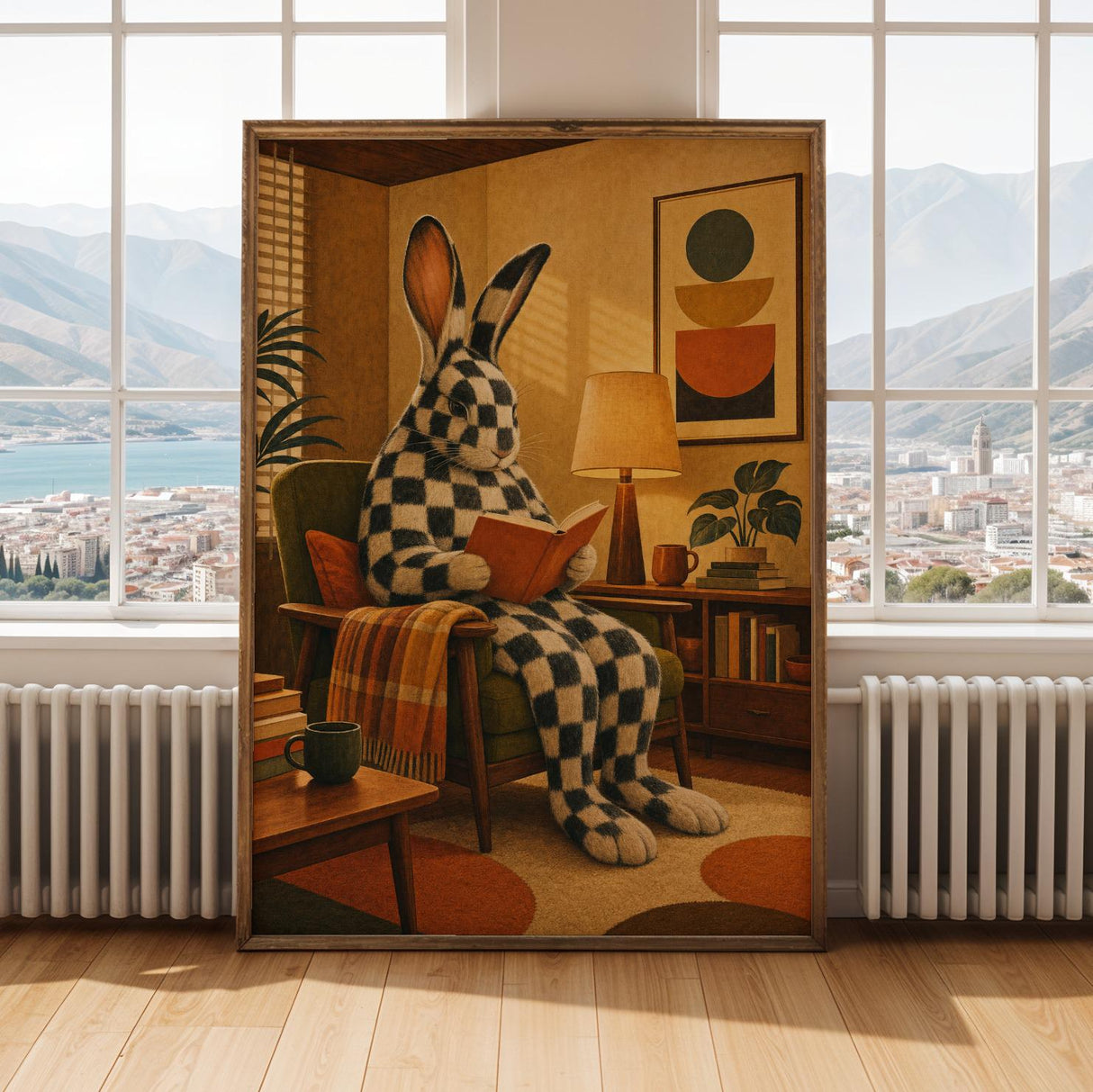 Alternate gallery view of Checkered Giant Rabbit Reading in Armchair Poster.