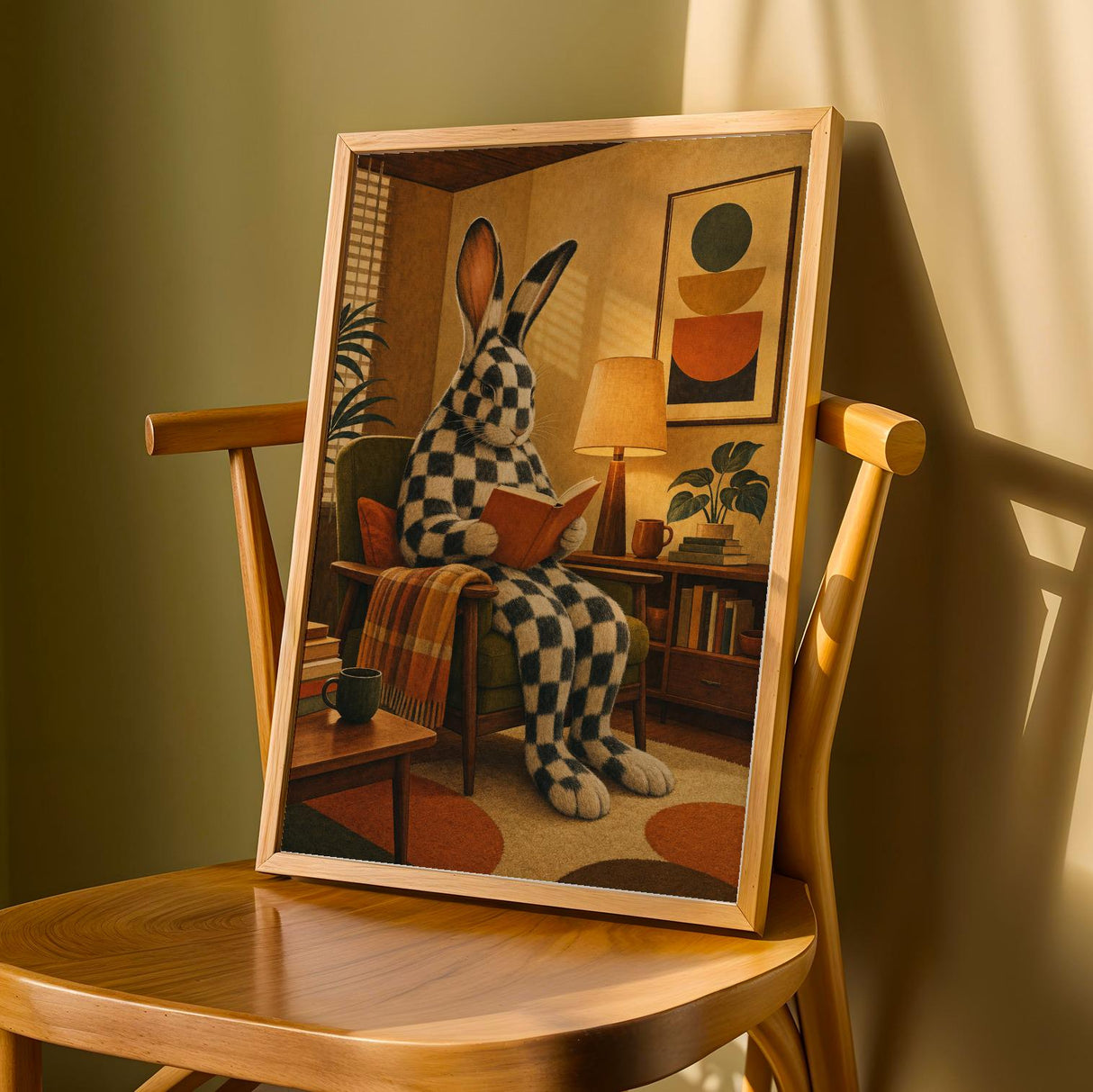 Product detail view of Checkered Giant Rabbit Reading in Armchair Poster.