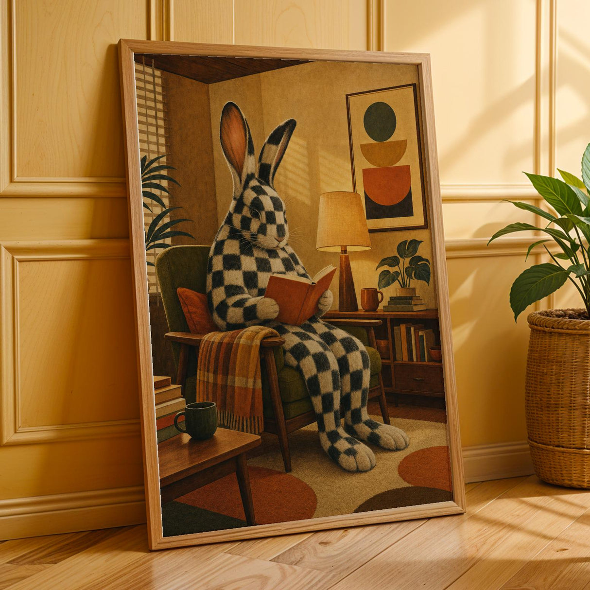 Additional product presentation of Checkered Giant Rabbit Reading in Armchair Poster.