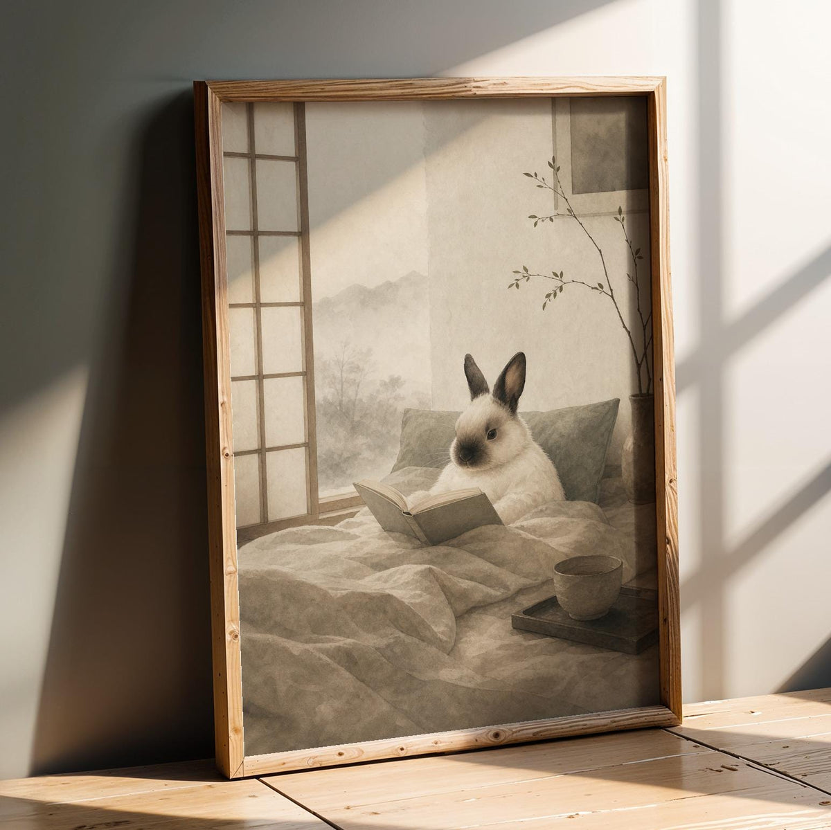 Product presentation view of Himalayan Rabbit Reading in Bed Poster.