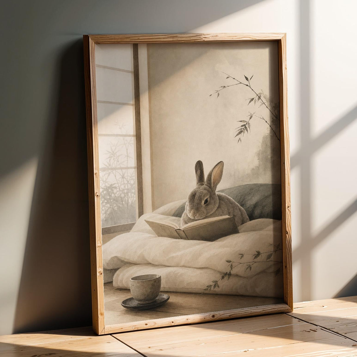 Product presentation view of Mini Rex Rabbit Reading in Bed Poster.