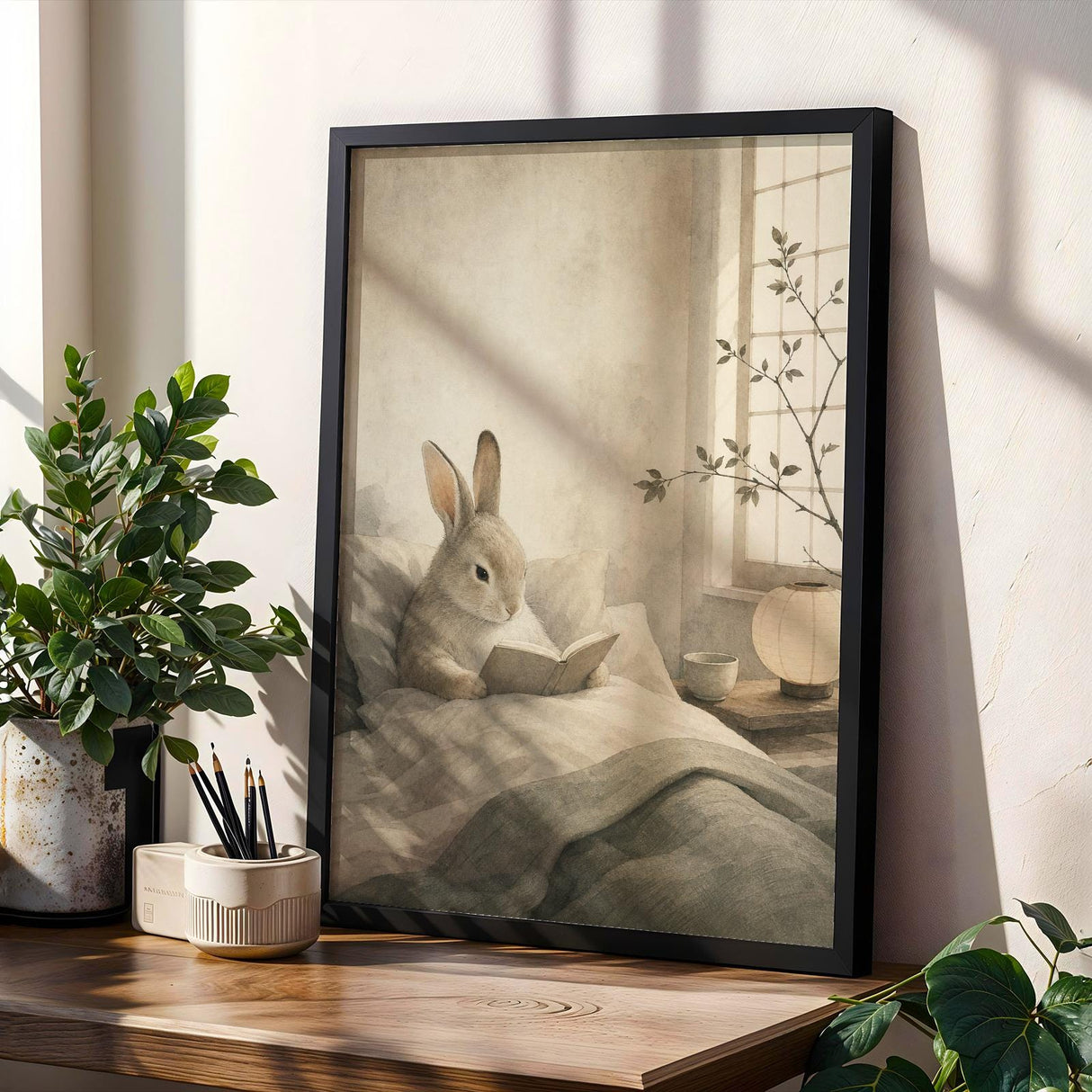 Product gallery view of Satin Rabbit Reading in Bed Poster.