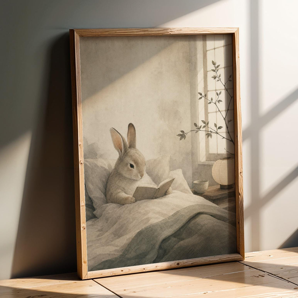 Product presentation view of Satin Rabbit Reading in Bed Poster.