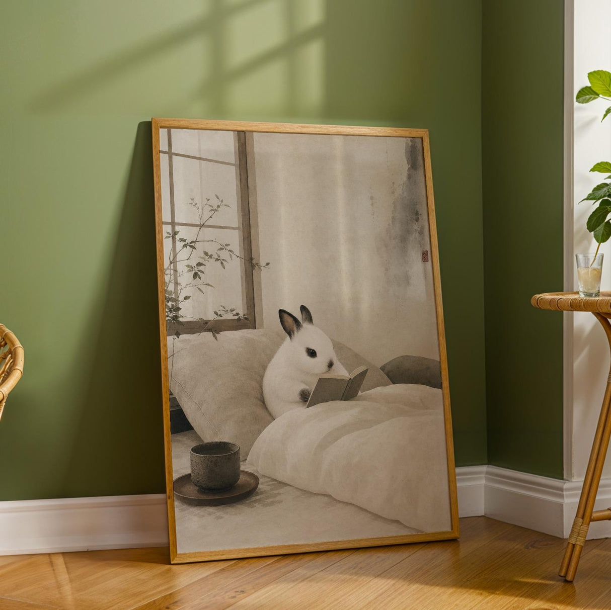 Additional product detail of Dwarf Hotot Rabbit Reading in Bed Poster.