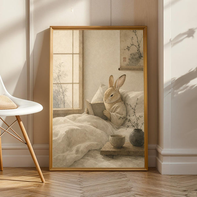 Product view of Tan Rabbit Reading in Bed Poster.