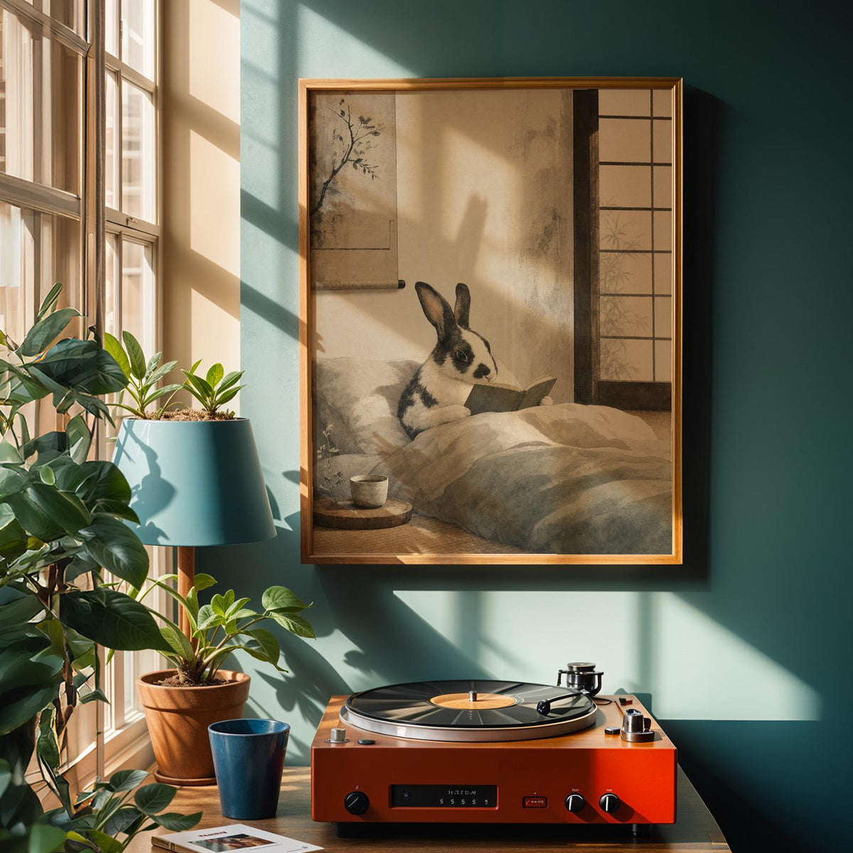 Alternate product view of Harlequin Rabbit Reading in Bed Poster.
