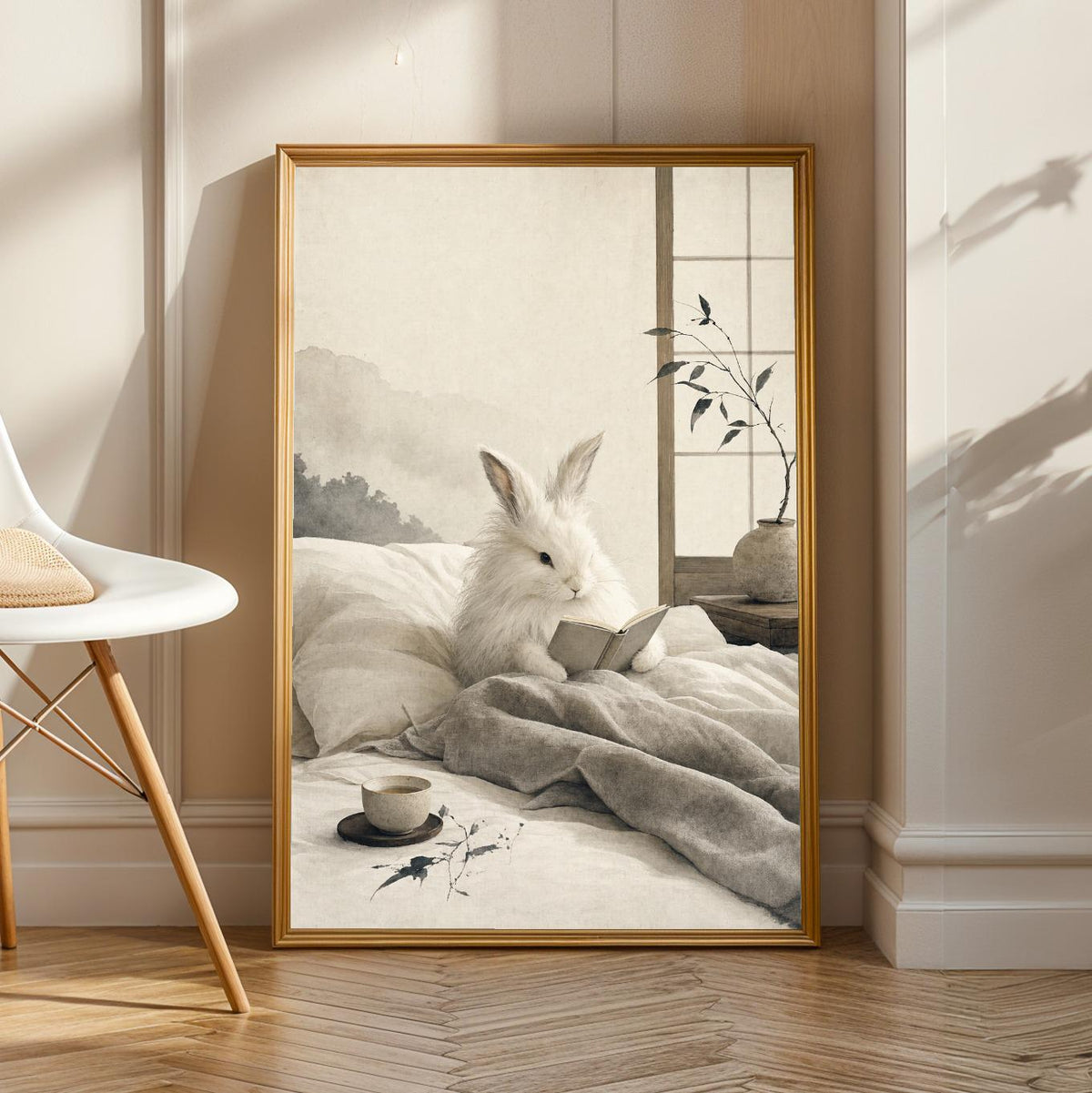 Product view of Angora Rabbit Reading in Bed Poster.