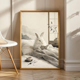 Product view of Angora Rabbit Reading in Bed Poster.