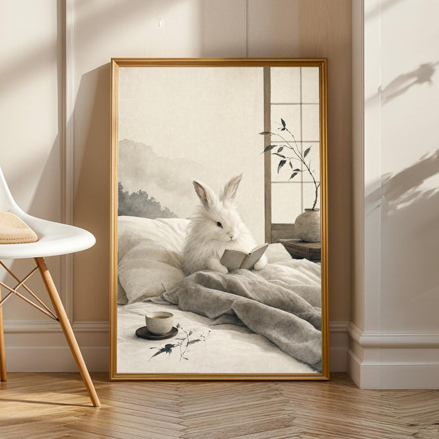 Product view of Angora Rabbit Reading in Bed Poster.
