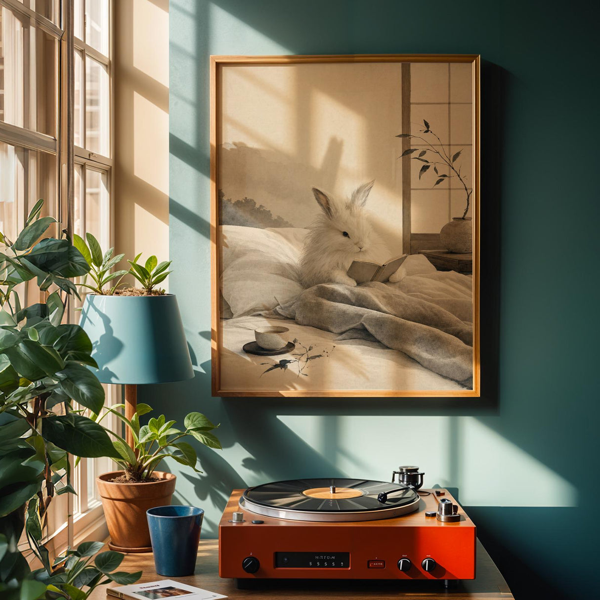 Alternate product view of Angora Rabbit Reading in Bed Poster.