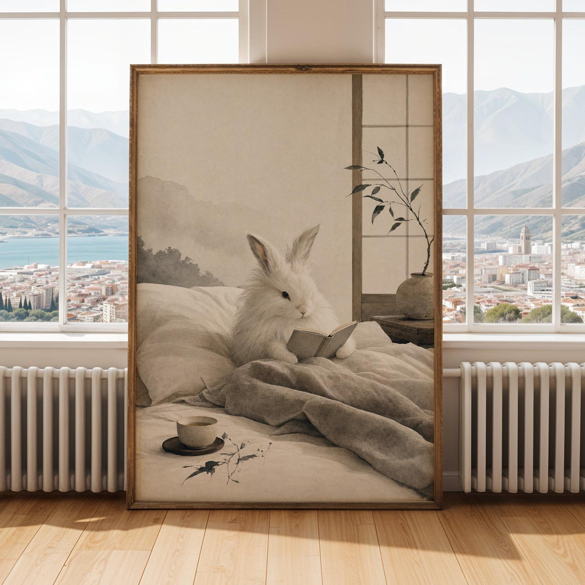 Alternate gallery view of Angora Rabbit Reading in Bed Poster.