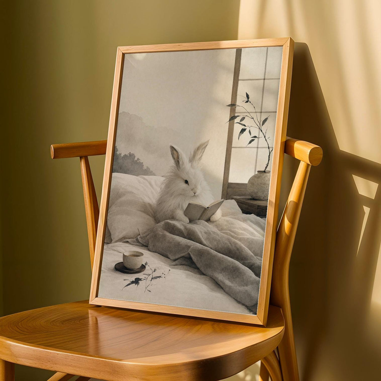 Product detail view of Angora Rabbit Reading in Bed Poster.