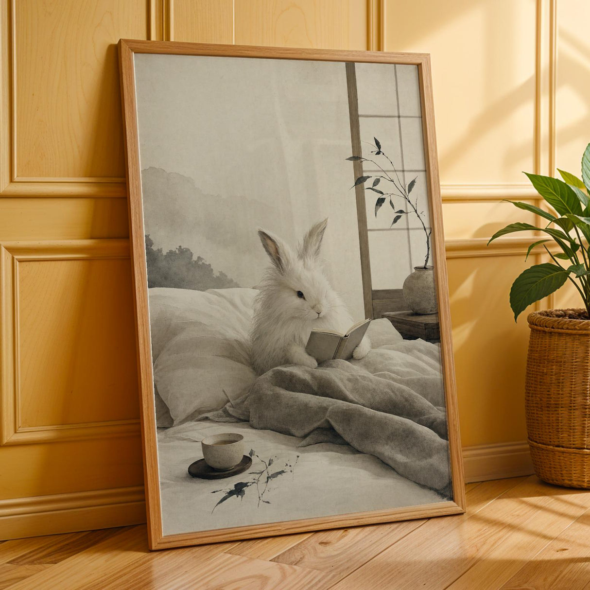 Additional product presentation of Angora Rabbit Reading in Bed Poster.