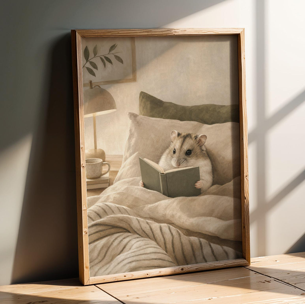 Product presentation view of Russian Dwarf Hamster Reading in Bed Poster.