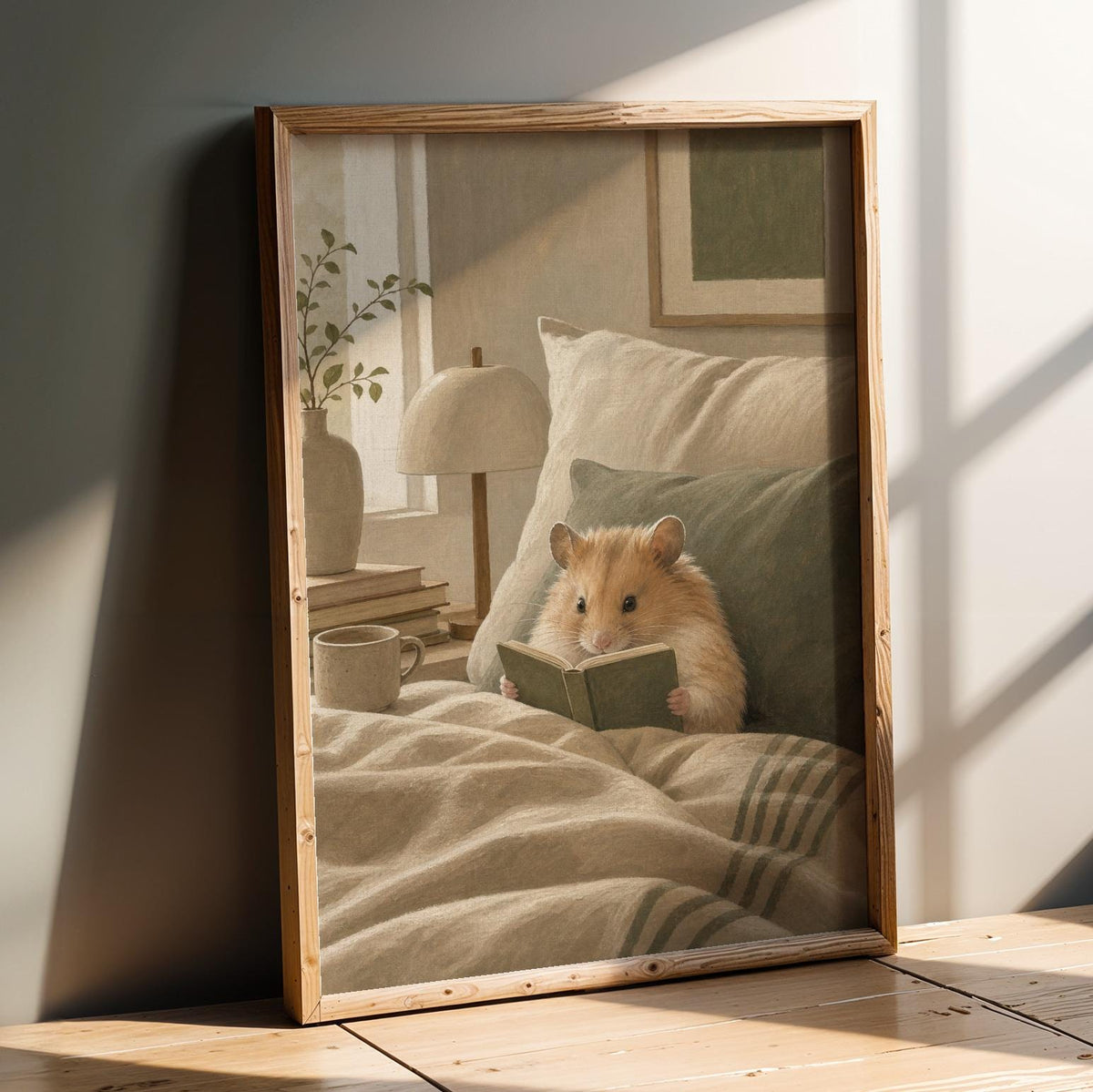 Product presentation view of Chinese Hamster Reading in Bed Poster.