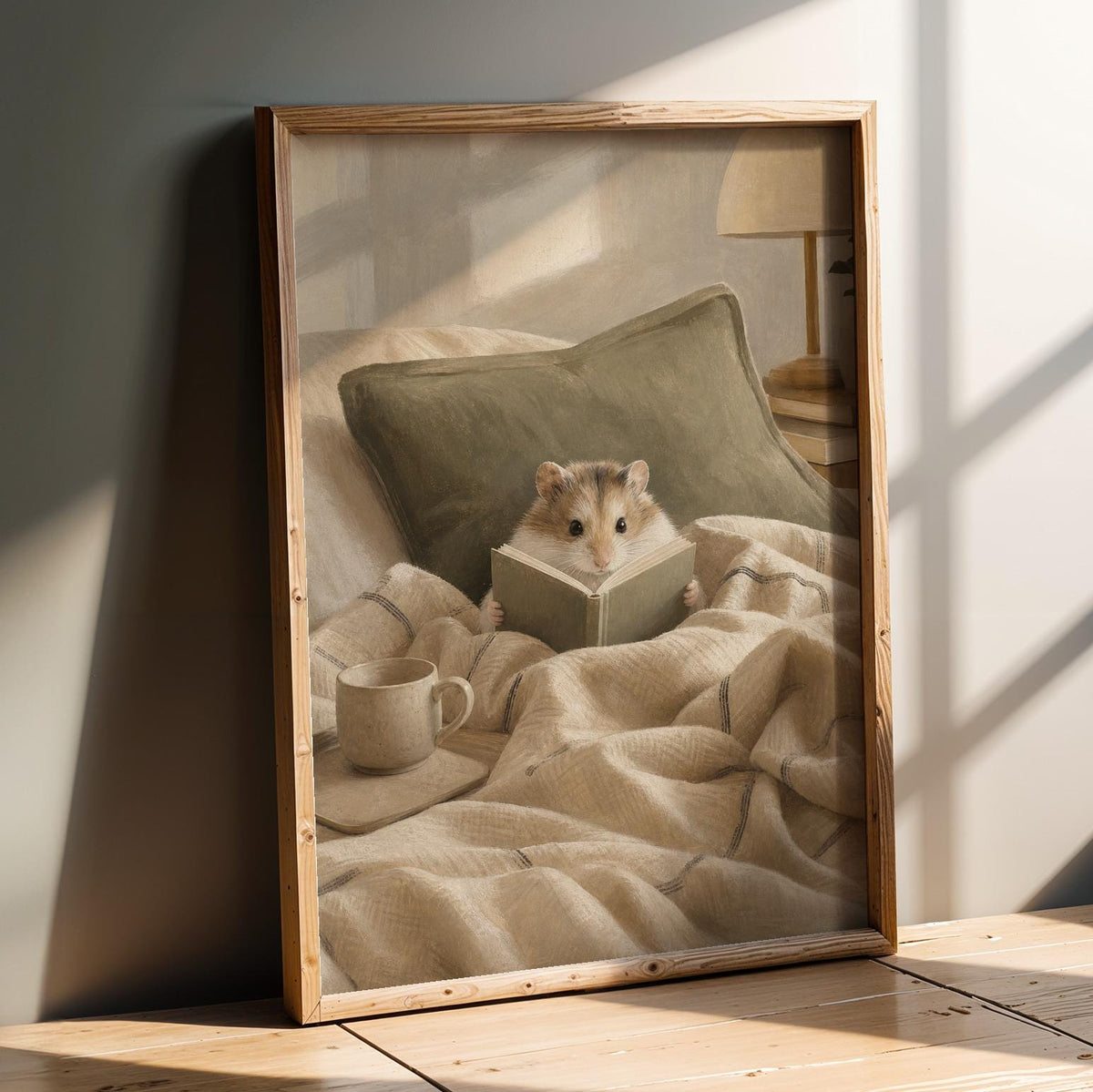 Product presentation view of Roborovski Hamster Reading in Bed Poster.