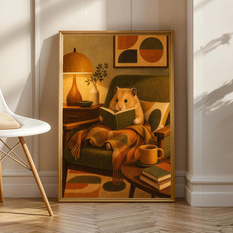 Product view of Golden Syrian Hamster Reading in Armchair Poster.