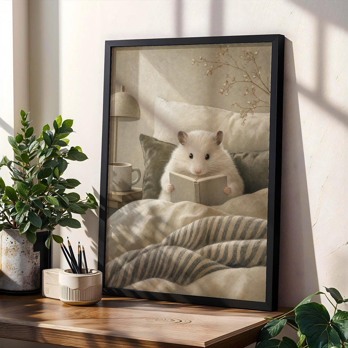 Product gallery view of Winter White Hamster Reading in Bed Poster.