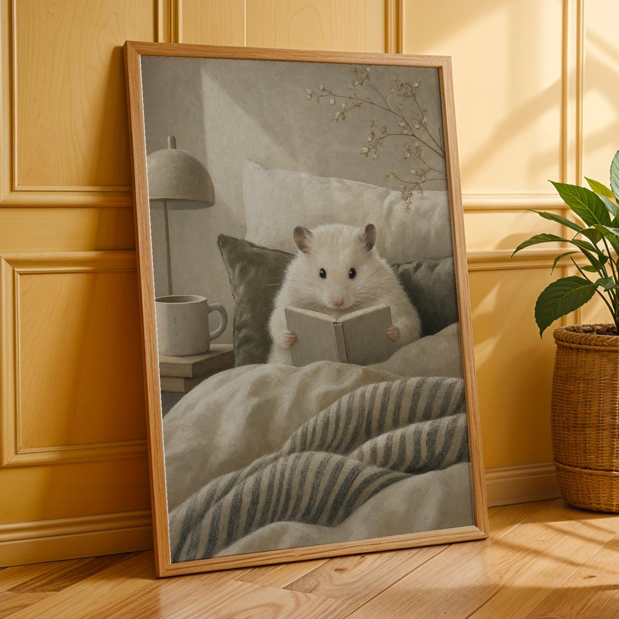Additional product presentation of Winter White Hamster Reading in Bed Poster.