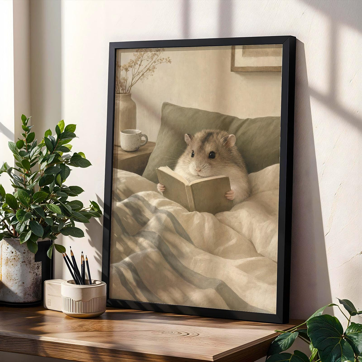 Product gallery view of Campbell’s Dwarf Hamster Reading in Bed Poster.