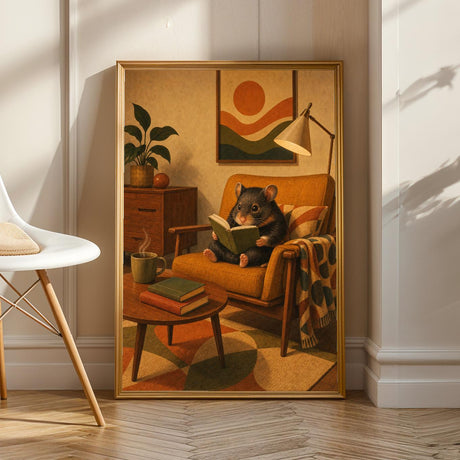 Product view of Hamster Reading in Armchair Poster.